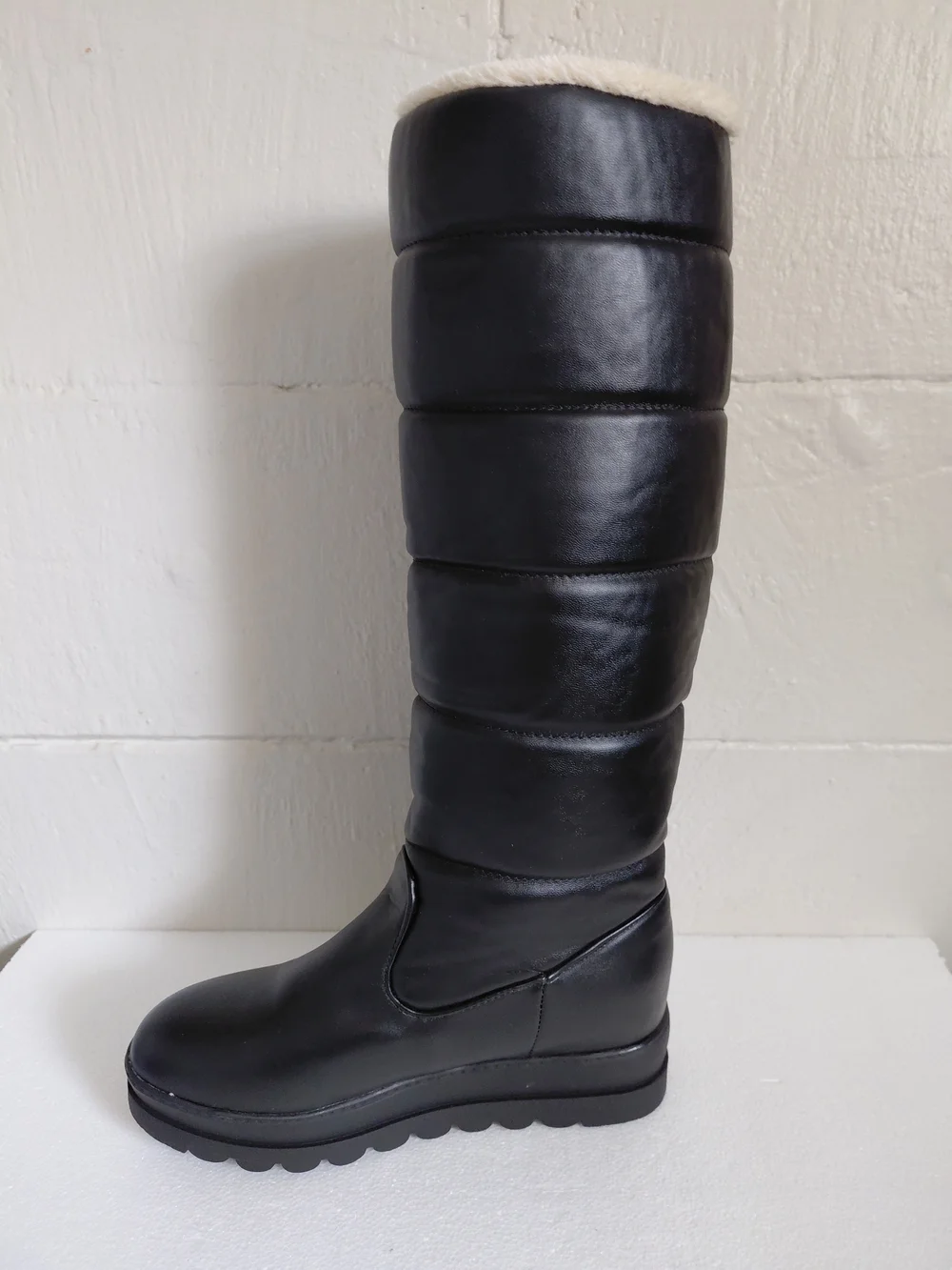 Women's Black Quilted Faux-Leather Tall Winter Boots with Faux-Fur Lining